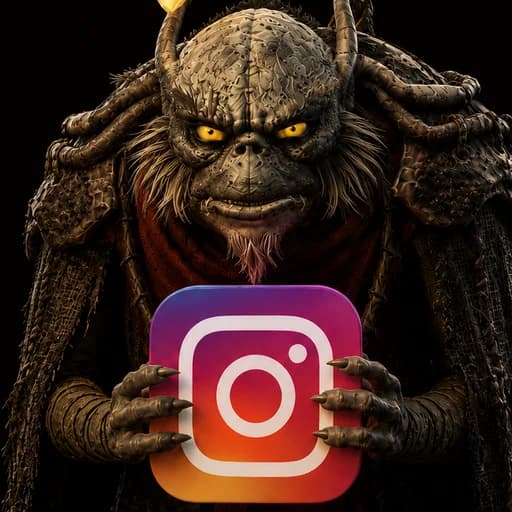 Grim, la mascotte de Poil de Grim, tenant le logo Instagram