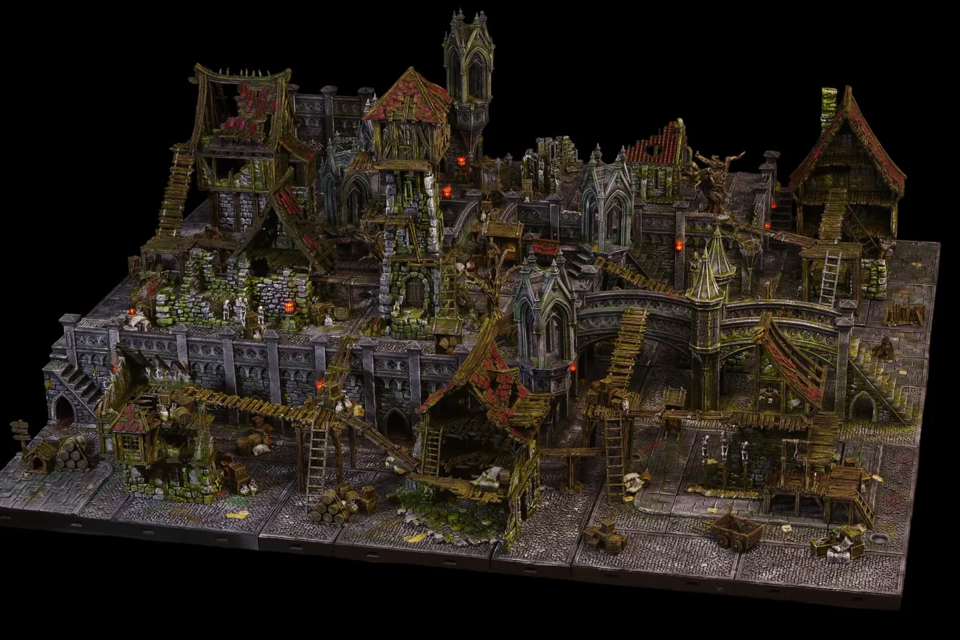Le petit village abîmé – lot de bâtiments Mortval imprimés en 3D par Poil de Grim